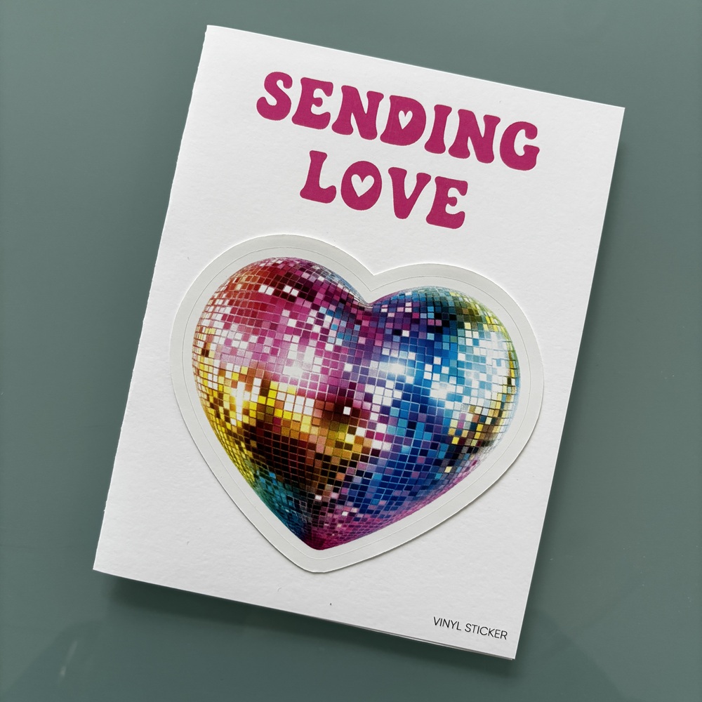 STICKER FOLDED NOTECARD-DISCO HEART